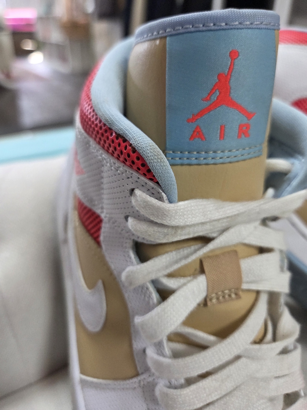 Nike Women's Athletic High-Top Sneakers in White, Tan, Neon Coral, Light Blue - Picture 4 of 6
